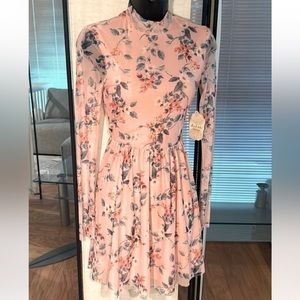 Altar’d State Diya fit flare peach floral mock neck mesh long sleeve mini dress